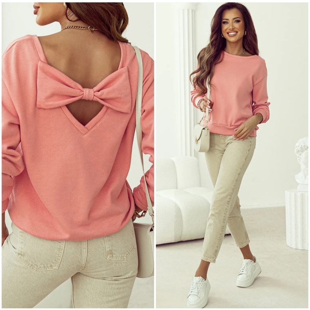 Bow Accent Cozy Sweatshirt - Coral - Picture 2 of 11